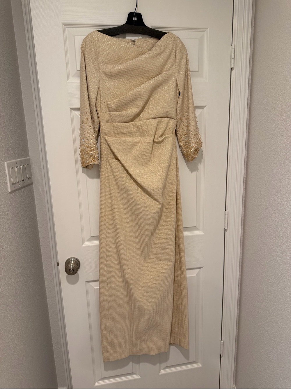 Elegant Cream Long Sleeve Evening Dress with Beaded Cuffs